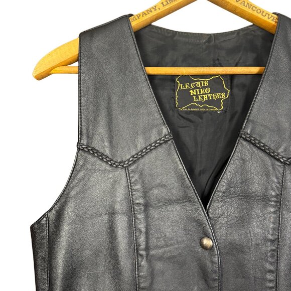 Vintage 90s Black Leather Vest, Braided Trim, Western Aesthetic Biker Moto Style - Picture 3 of 7
